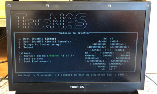 使っていないノートパソコンとハードディスクで自宅用の自作NASを構築するためにインストールしたTrueNASというOSのトップ画面