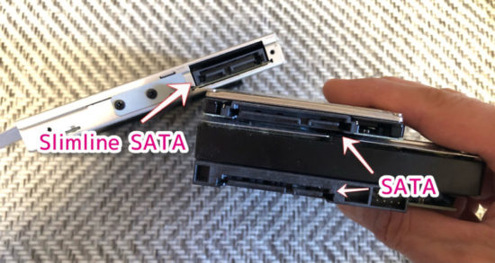 Slimline SATAと普通のSATAの比較 SATA自体は一緒だけど、スリムラインは電源も一つのコネクターにコンパクトにまとめられているのが特徴